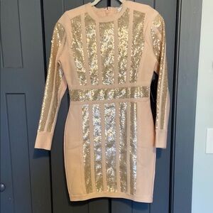Elegant Sequin Panel Dress in Cream and Gold